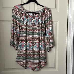 Honeyme Aztec Print Blouse - Pink, Green, Brown